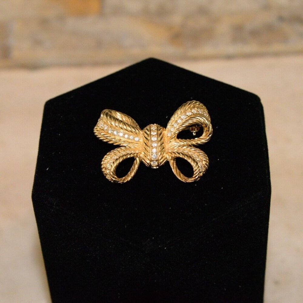 Christian Dior Vintage Gold Plated Clear Rhinestone Bow Pin